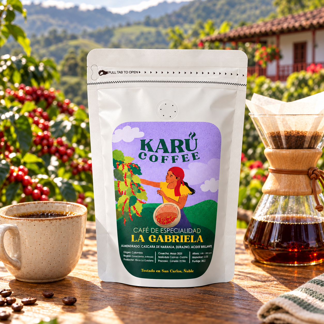 Café La Gabriela con taza y Chemex, fondo de finca cafetera