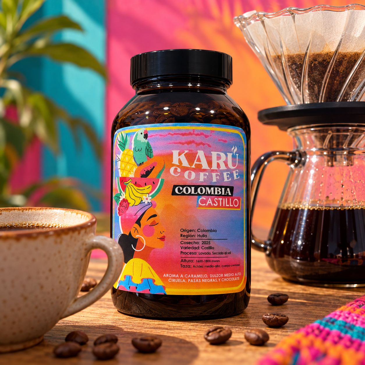 Café Colombia Castillo Karü Coffee junto a filtrado V60 con fondo colorido