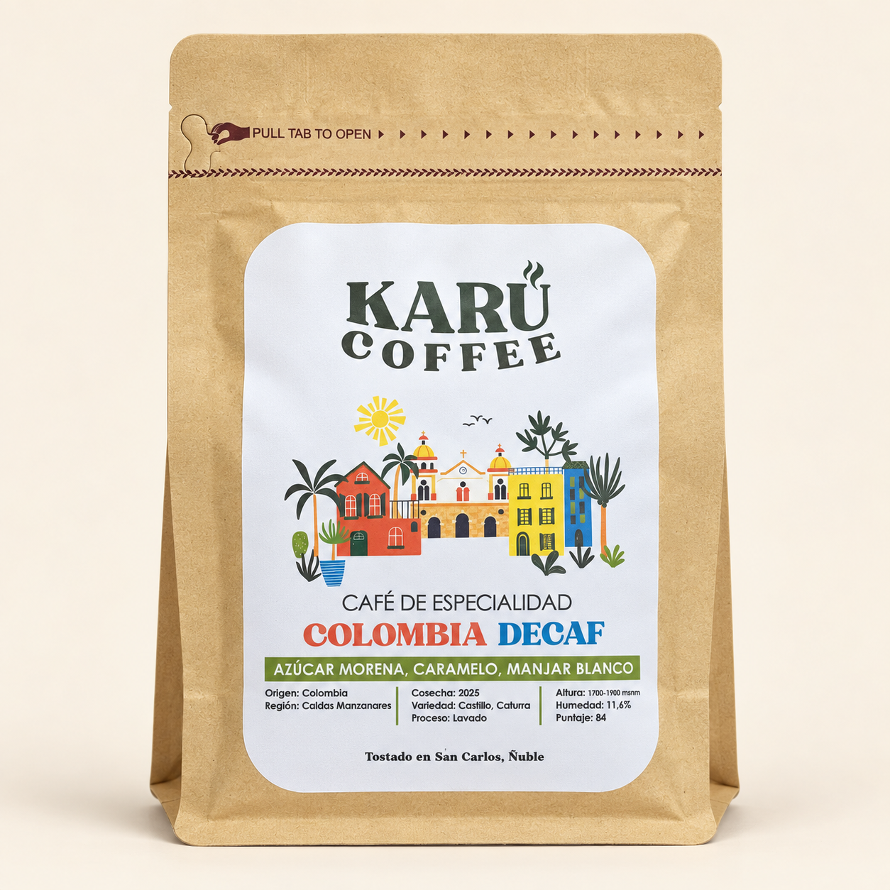 Café Colombia Decaf Karü Coffee, bolsa kraft de frente