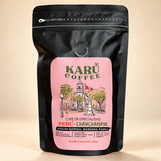 Café Perú Chanchamayo Karü Coffee, frontal, etiqueta rosada